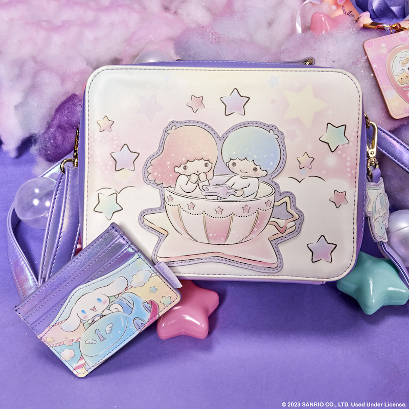Image of our Little Twin Stars Carnival Crossbody Bag with the Cinnamoroll Carnival Card Holder against a purple background 